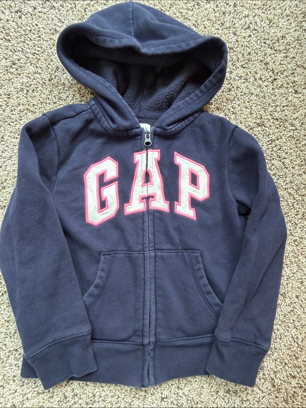 GAP Navy Hooded Zip Sweatshirt with Pink-Trim Logo size small 6-7